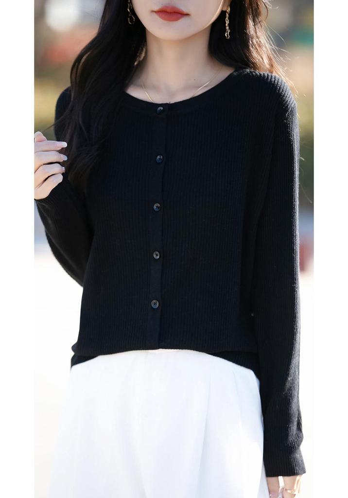 Women's Korean Style Loose Wool Cardigan - Round Neck, Long Sleeve, Spring Outerwear