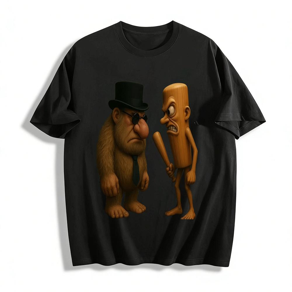 Funny Anthropomorphic Bigfoot vs Wooden Man Graphic Casual T-Shirt Pure cotton T-shirt XXS