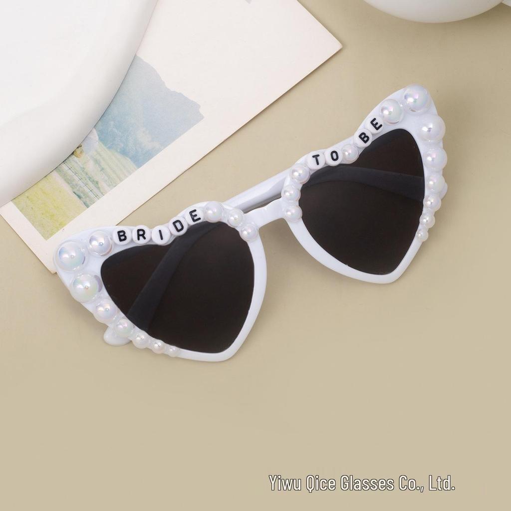 Heart-shaped Rhinestone Wedding Sunglasses for Bride - Pearl Bridal Party Glasses (White)