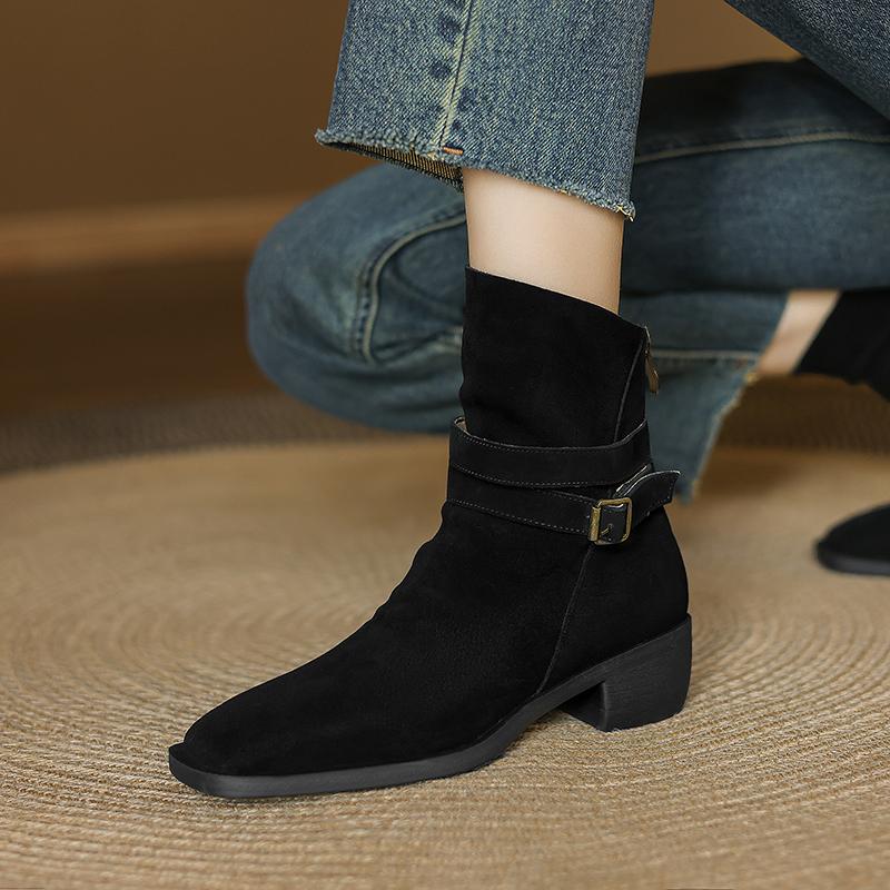 Fashion 2025 Autumn/Winter Women Boots Genuine Leather Women Shoes Square Toe Chunky Heel Shoes Ankle Boots Modern Chelsea Boots