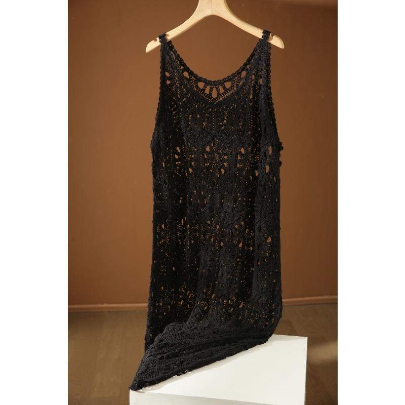 DIMANAF 2024 New Dress Women Knitting Lace Long Hollow Out Sexy Vest O-Neck Hollow Summer Style Tops Tees Loose Basic Black