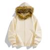 American retro hooded fur collar diagonal placket thermal zipper sweater men's and women's European and American trends