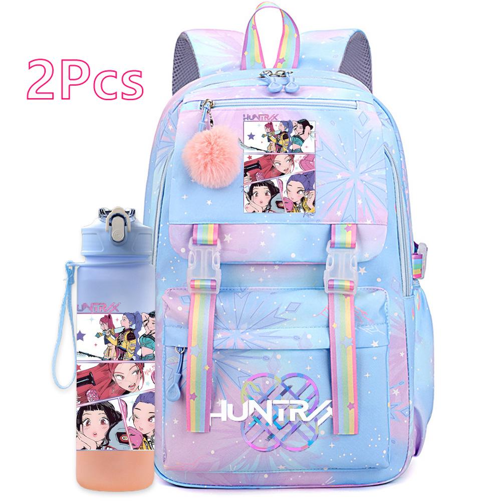 2 ks/sada Roztomilý Anime Kpop Potištěný Batoh s 750ml Lahví na Vodu Cestovní Taška s Velkou Kapacitou pro Dívku Teenagera Chlapce Školní Taška Dětský Dárek Mochila