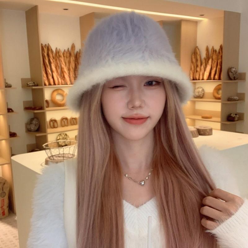 Plush rabbit fur bucket hat women's autumn and winter gradual change color fashion versatile show small face warm ear protector