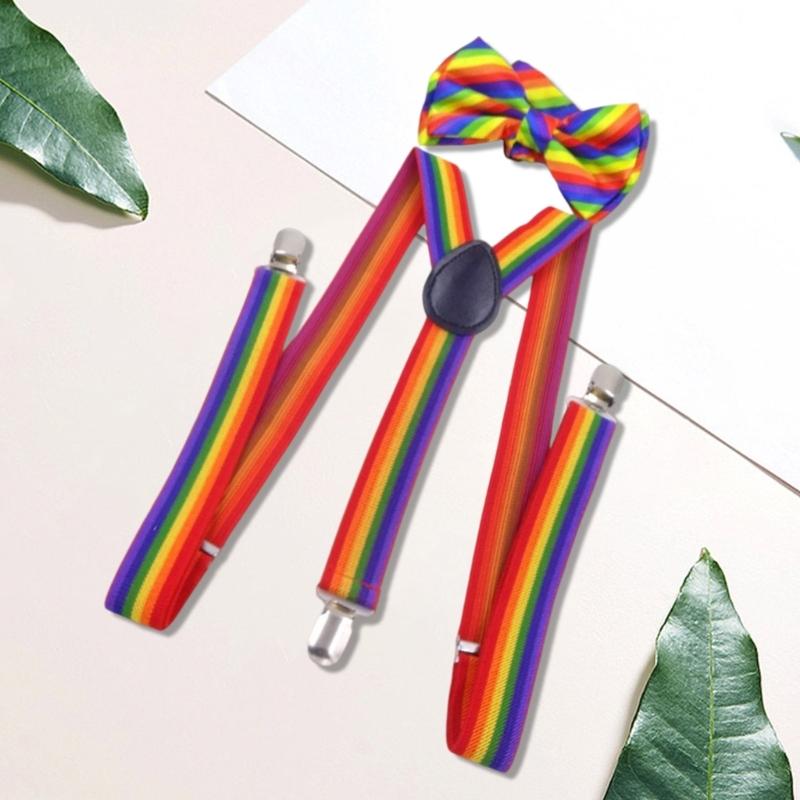 Zestaw Tęczowych Szortów i Muszki Kostiumowe Szelki Dla Dzieci Dorosłych Impreza Tematyczna Konkurs Tańca Akcesorium Do Przebierania