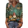 Women's Loose Comfortable Casual Fashion V-Neck Christmas Print 3/4 Sleeve Top