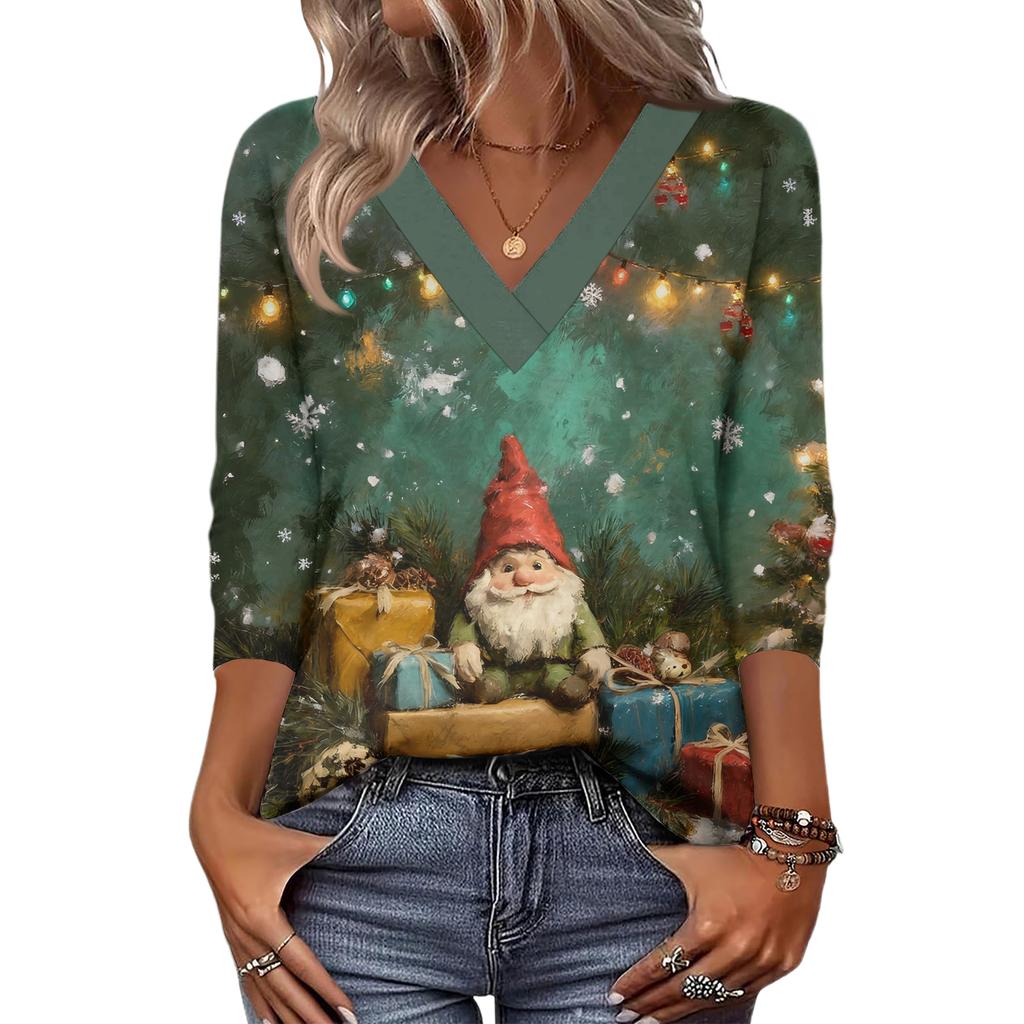 Women's Loose Comfortable Casual Fashion V-Neck Christmas Print 3/4 Sleeve Top