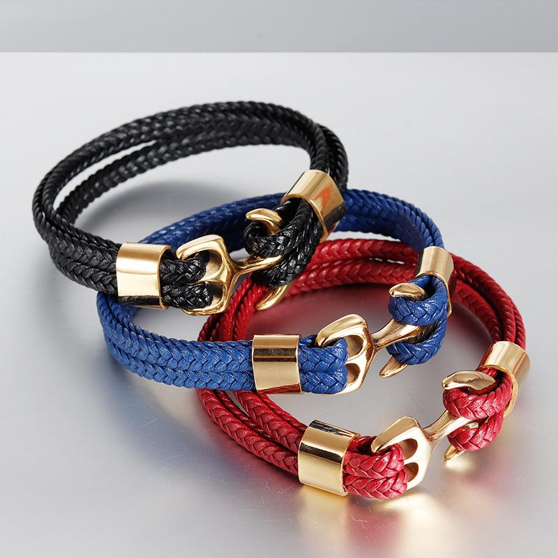 European and American Men, Bracelet Gold Personalized Cowhide Woven Boat Anchor, Genuine Leather Bracelet Leather Rope