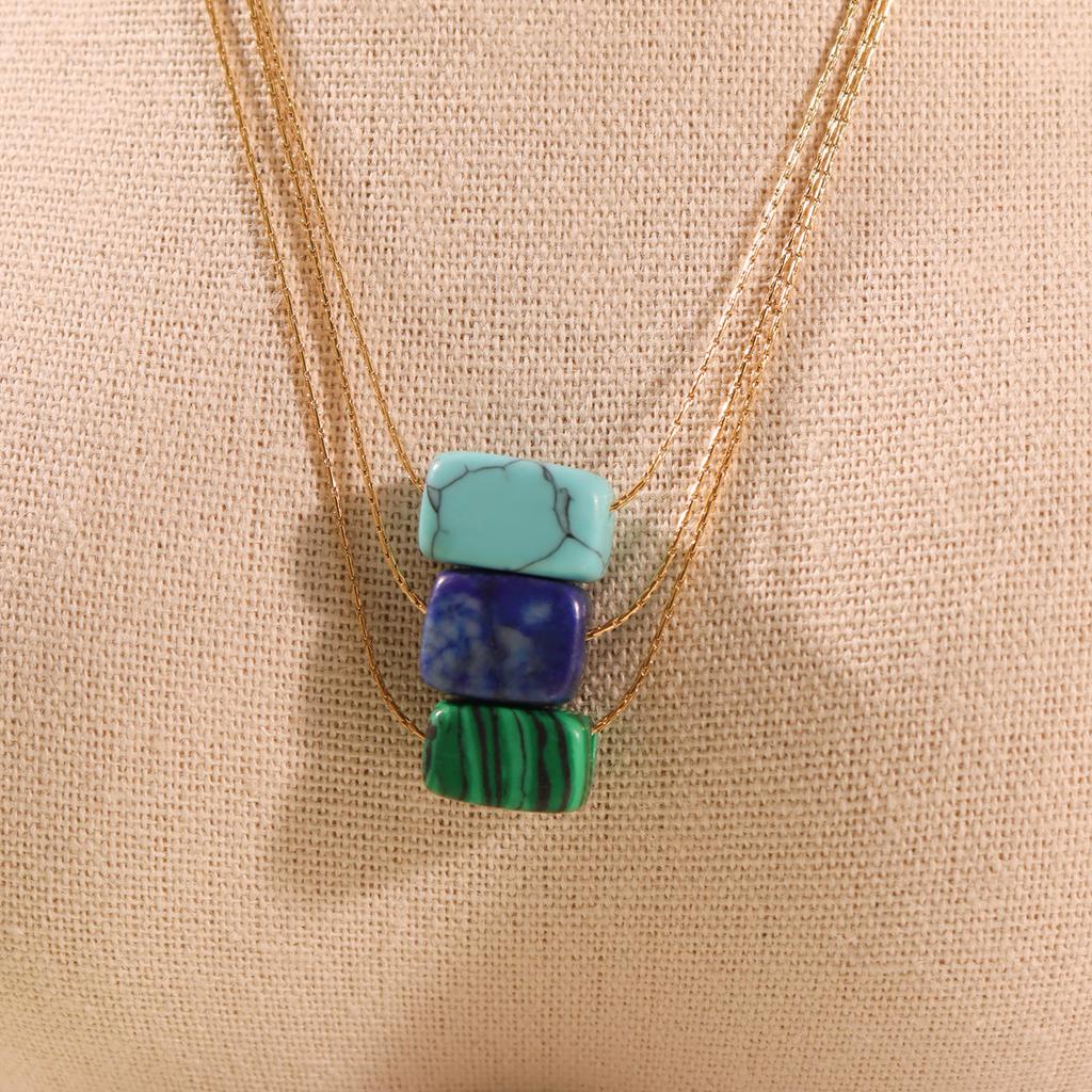 316 Stainless Steel Gold-Plated Fine Chain Fashion Necklace Square Natural Turquoise Pendant Necklace Women's Charm Zircon