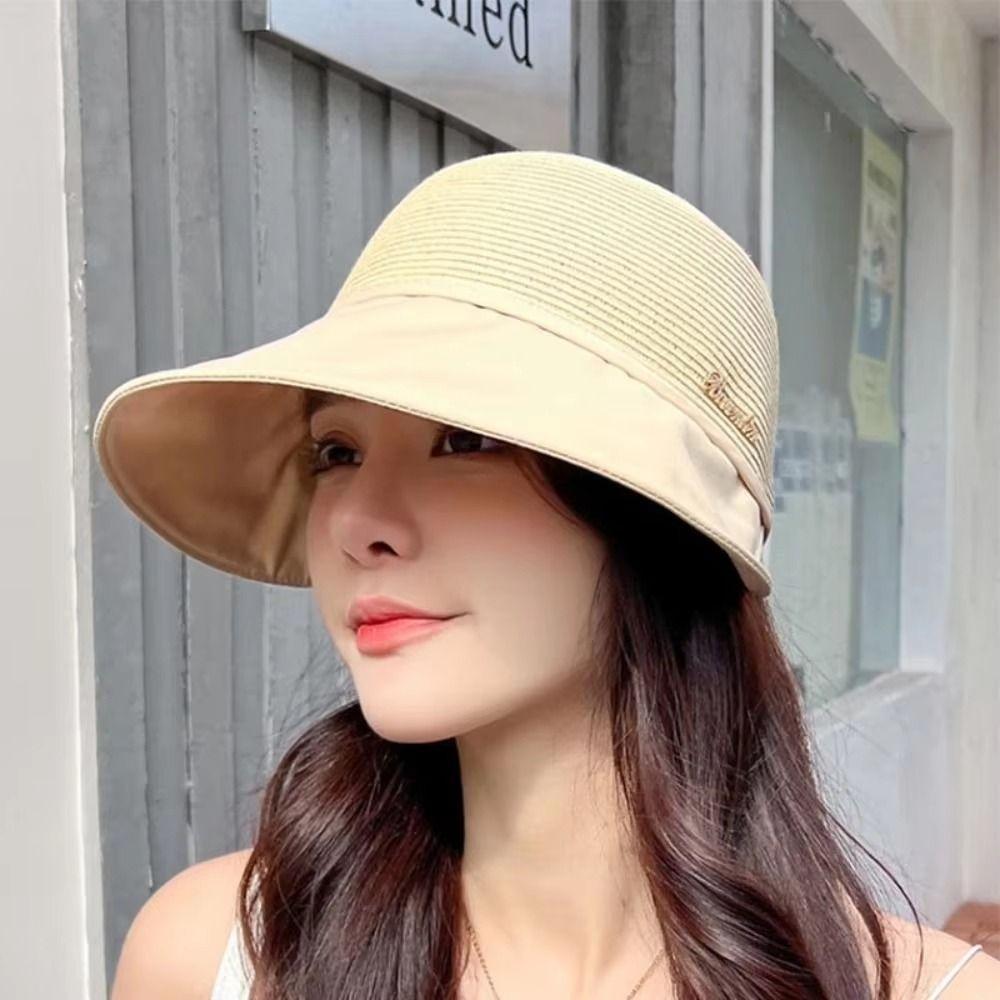 Wide Brim Women's Straw Hat Solid Color Bucket Sunhat Casual Sunshade Cap Camping