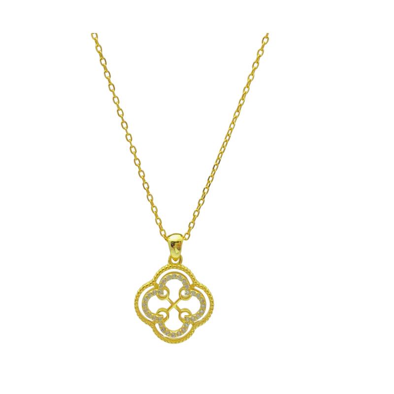 S925 Sterling Silver Four-Leaf Clover Necklace for Women, Gold-Plated, Inlaid Design, Versatile and Light Luxury Fashion.