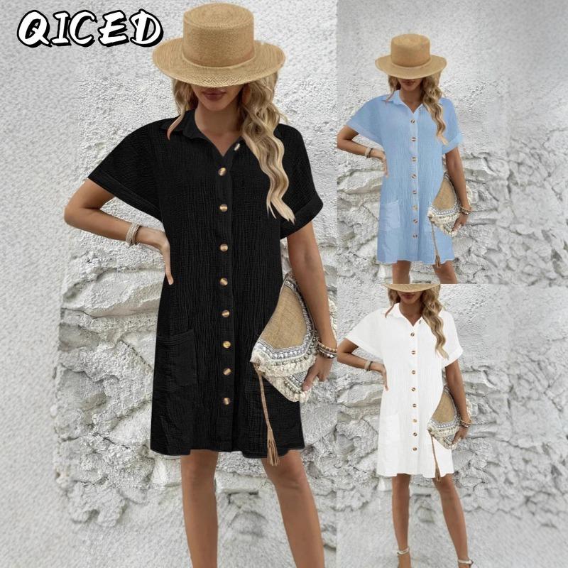 QICED Fashion Summer Spring Solid Color Print Short Sleeve POLO Neck Casual Dresses