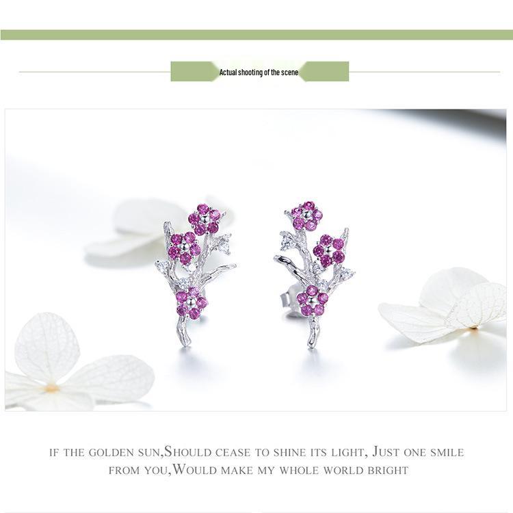 Aifuluo Pink Plum Blossom Zircon Stud Earrings - Pure Silver, White Gold Plated, S925.