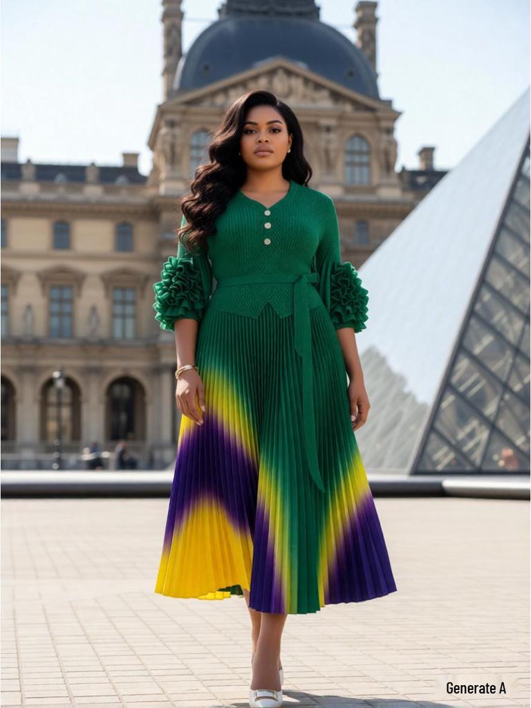 Miyake Plus Size Gradient Pleated Dress - Elegant, Slimming, Waist-Cinching Long Dress with European and African Fashion Influences