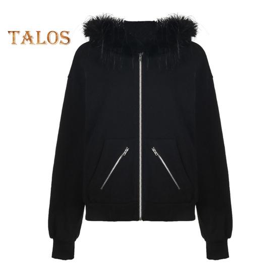 

Женское зимнее пальто с плюшевым капюшоном, кардиган в уличном стиле на молнии с капюшоном и карманами на молнии, однотонная теплая свободная верхняя одежда S чёрный