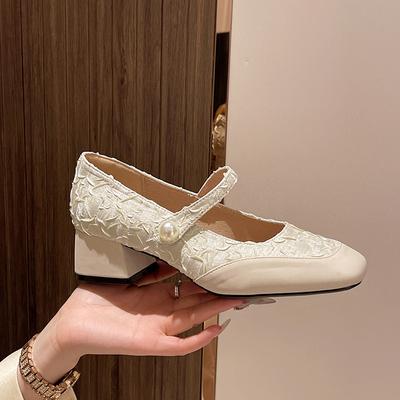 Fashion New Women's Designer Mary Janes Shoes High Quality Leather Mid Heel Dress Shoes Square Toe Pearl Buckle Strap Pumps Women Shoes