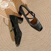 French Lambskin Square Toe Mary Jane Flats - Women's Chunky Heel, Versatile Casual Shoes, Large Sizes Available
