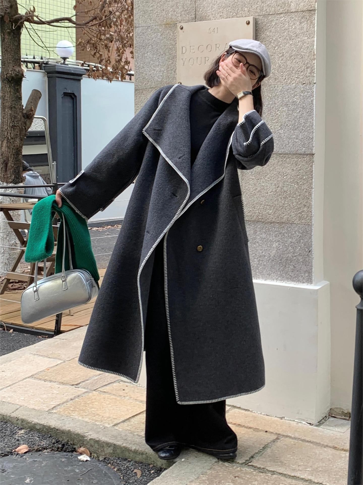 

Пальто женское двустороннее шерстяное с дизайном края в стиле ракушки тяжелой промышленности, ручной работы, для повседневной носки, универсальное M