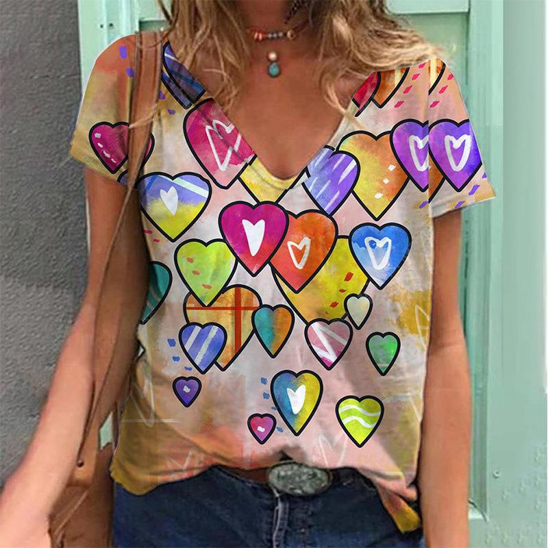 Colorful Street Retro Short Sleeved Girl V-neck Heart-shaped Top Women's T-shirt 3D Harajuku T-shirt