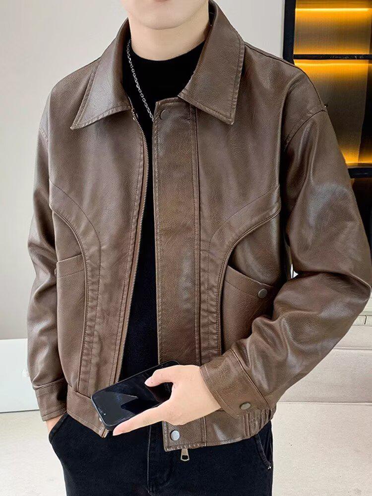 Men's Trendy PU Leather Motorcycle Jacket - Spring/Autumn Casual Lapel Coat