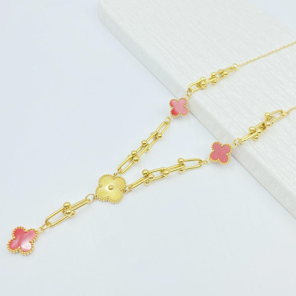 Fashion 13MM Four Leaf Flower U Shape Necklace Titanium Steel Four Leaf Clover Ladies Necklace