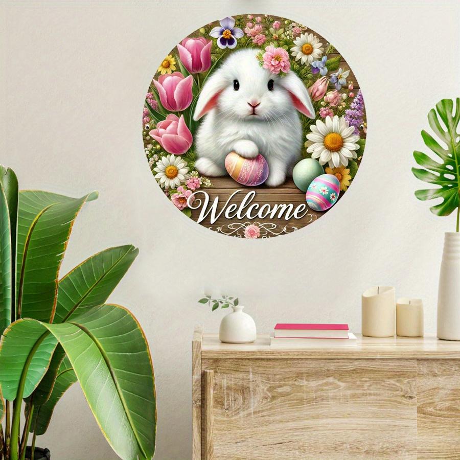 2D Plat 20cm Joyeuses Pâques petit lapin blanc fleurs Décoration Murale en Bois - ballon voiture Pendentif en Bois Fête Universelle, Décoration de Maison