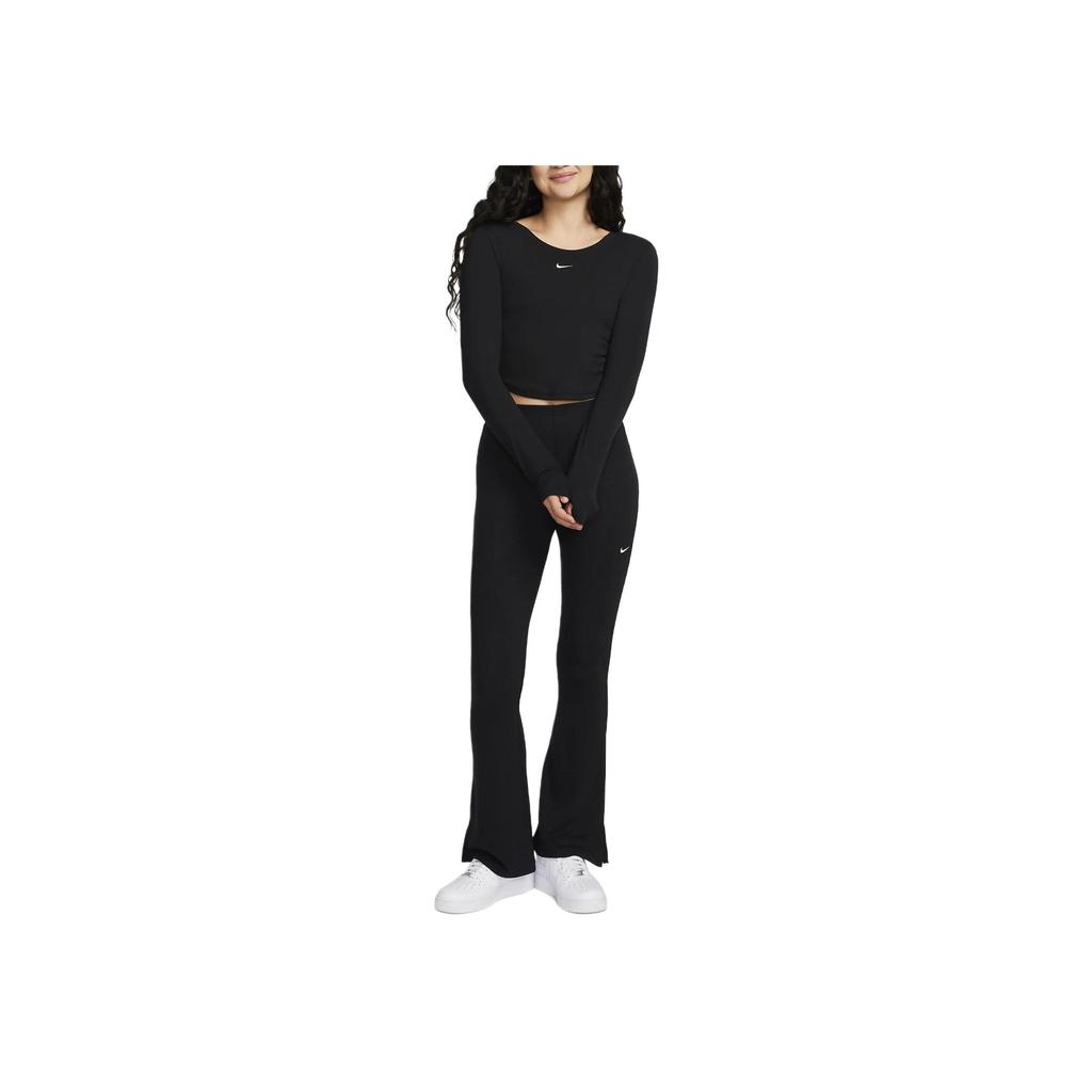 Nike Solid Color Round Neck Short Sports Casual Knit Long Sleeve T-Shirt Women Tops Black FN3662-010