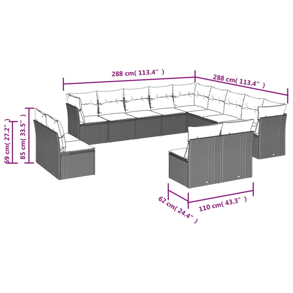 Vidaxl 13-Cz. Garden Furniture Set With Cushions, Grey, Poly Rattan