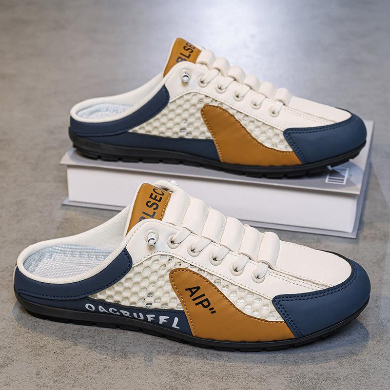

Half-drag men s shoes are worn outside in summer, mesh breathable casual shoes, one pedal, foot cover, lazy bag head, no back slippers. 38