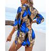 Women's Casual Long-sleeved V-neck Printed Drawstring Short Dress On Both Sides
