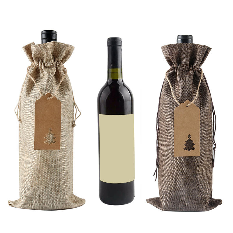12PCS Christmas Simple Burlap Wine Bags with Tag And Ropes Holiday Party Reusable Gift Wrapping Bag Home Decor