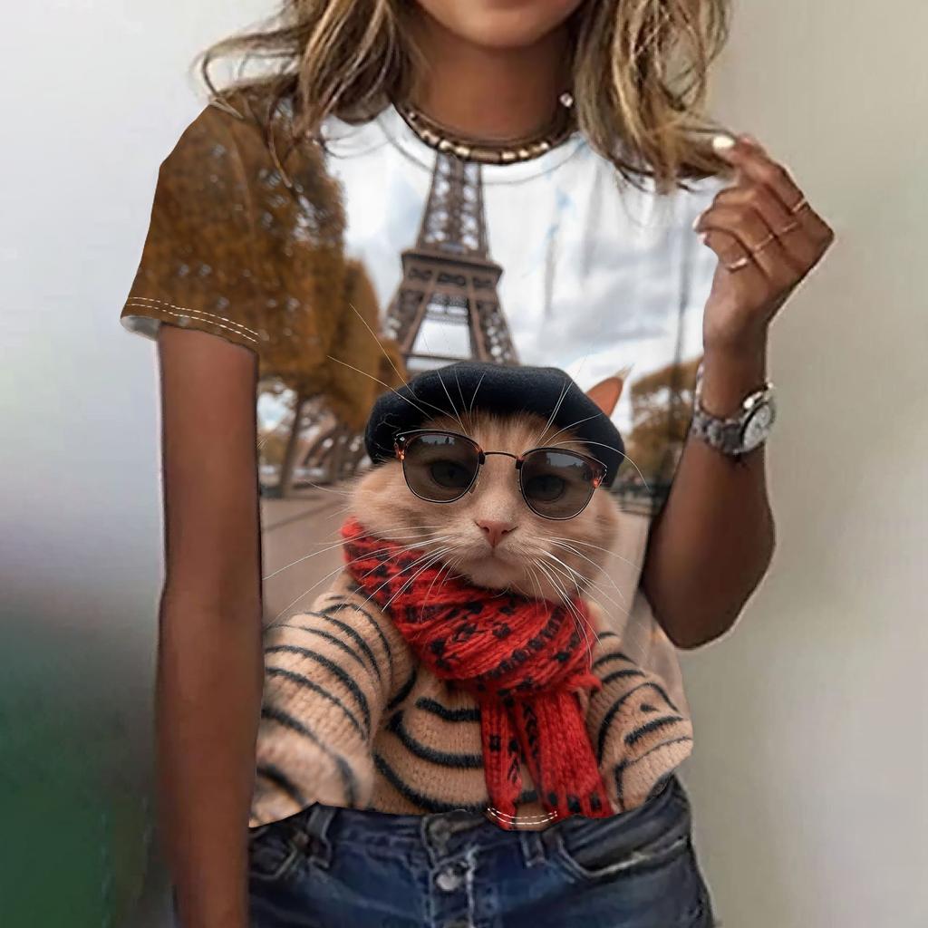 Fun animal pattern women's T-shirt cat print casual short sleeved top