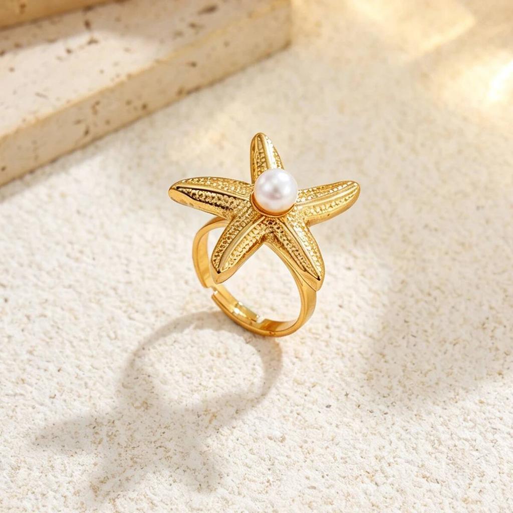 SHIXIN 6Pcs Creative Stainless Steel PVD18K Plated Gold Color Open Rings Women Trendy Imitation Pearl Finger Ring Daily Jewelry