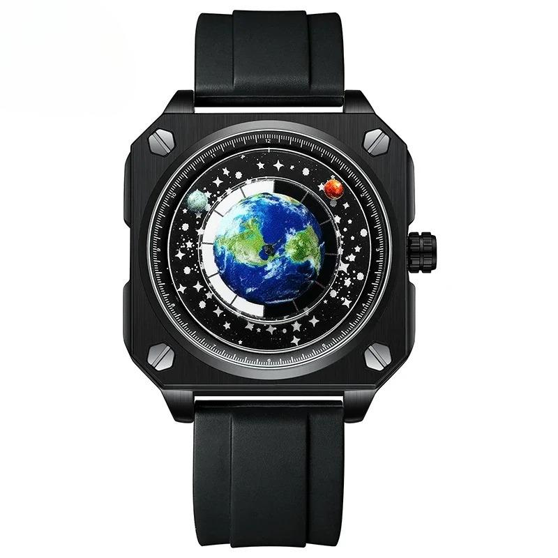 Earth Watch for Men Rotating Earth Dial New Concept Creative Blue Planet Non Mechanical Pointer Silicone Tape Men Watch