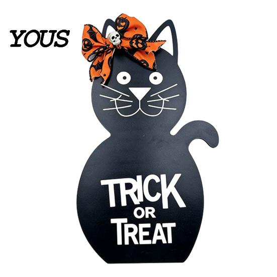 Halloween House Decor Door Sign for Front Door, Wooden Ghost Pumpkin Black Cat Party Supplies Hanger Wreath, Rustic Farmhouse Welcome Porch