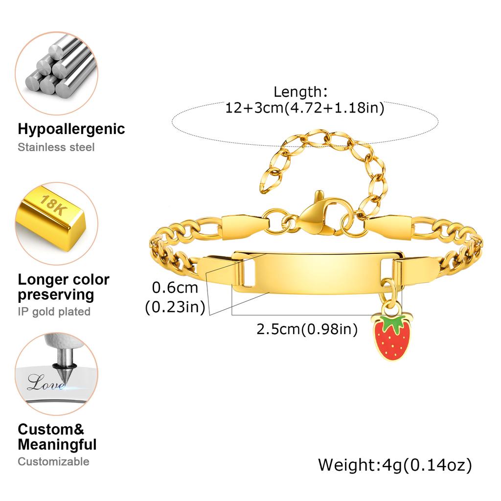 Personalized Customized Name Bracelet for Girl Boy Children, Strawberry Cherry Pendant Stainless Steel ID Bracelet for Kids