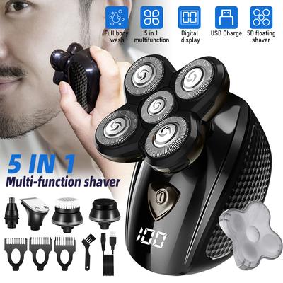 4D Head Shavers for Bald Men 5-in-1 Rechargeable Waterproof Wet Dry Bald Head Shavers Beard Contour Hairdressing Beauty Kit