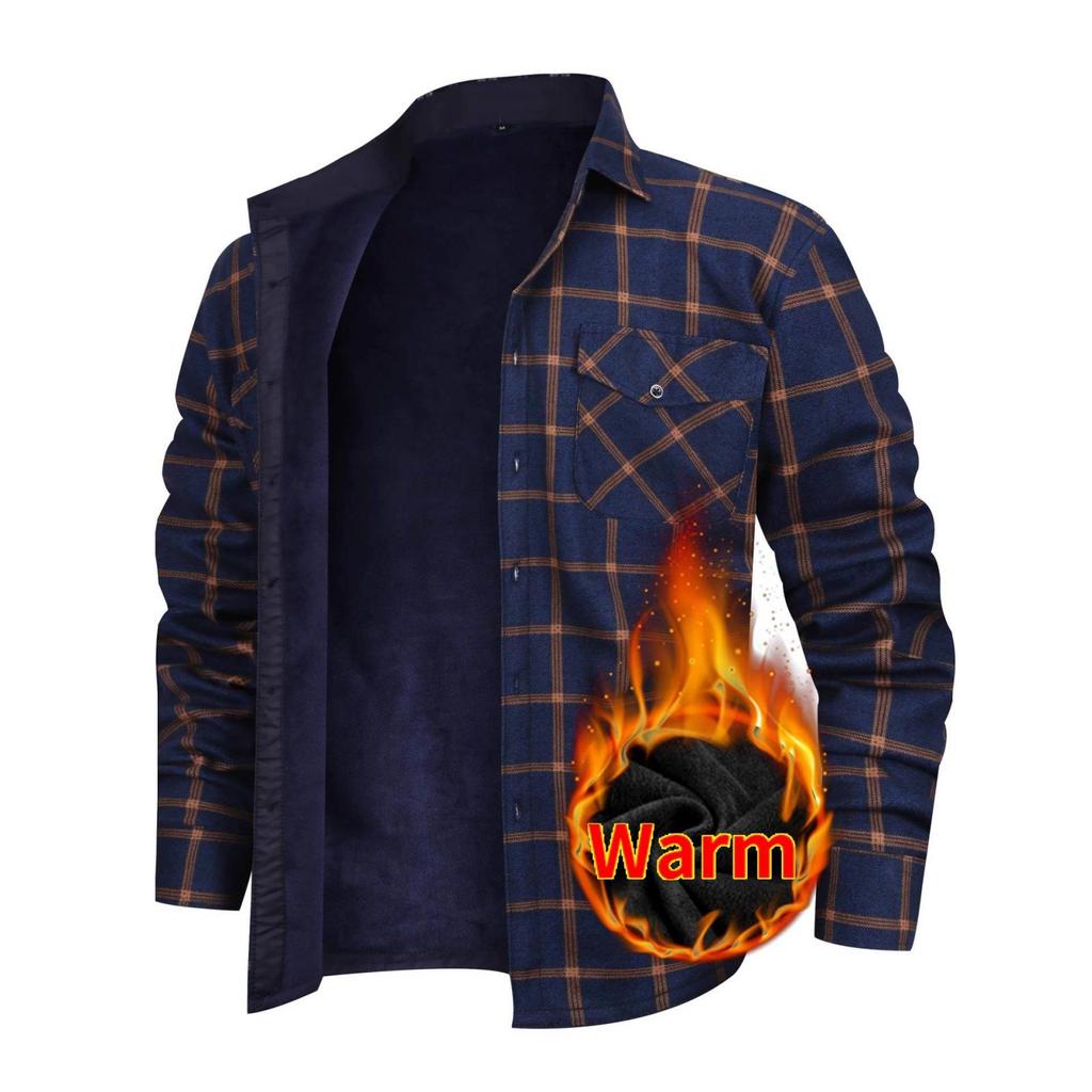 Men's Casual And Trendy Checked Button Cardigan, Men's Lapel Long-sleeved Inner Fleece Warm Coat