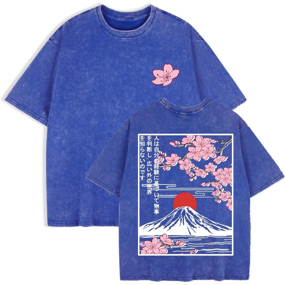 Summer Women Mount Fuji Cherry Blossoms Graphic Print Washed Cotton O Neck Oversized Short Sleeve Streetwear Loose Basic To