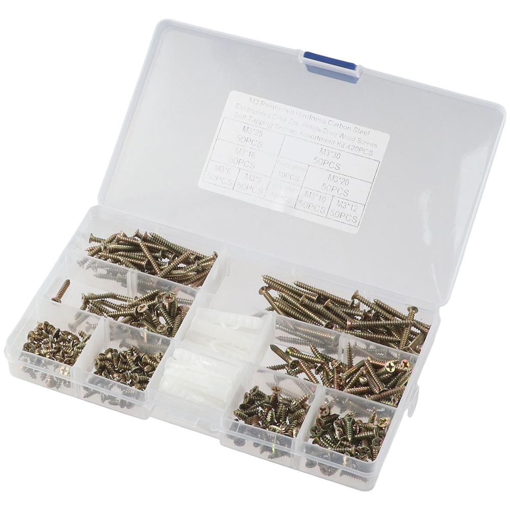 

420Pcs Finish with Yellow Zinc Plated Self-Tapping Screws Phillips Drive Flat Head Metal