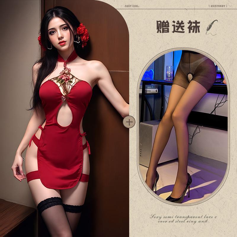 Sex Underwear Hollow Embroidery Uniform Sexy Retro Sexual Intercourse Cheongsam Republic of China Style Split Cheongsam