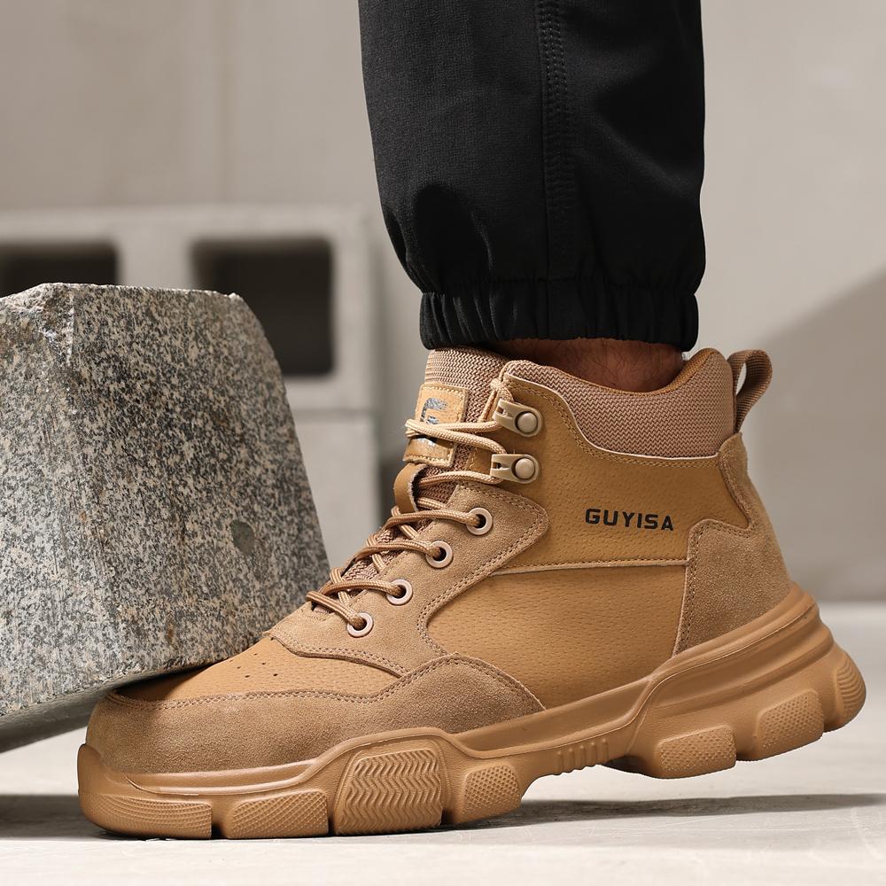 Khaki High Top Safety Shoes Work Boots Men Soft Bottom Lightweight Steel Toe Shoes Puncture-Proof Protection Shoes Security Boot
