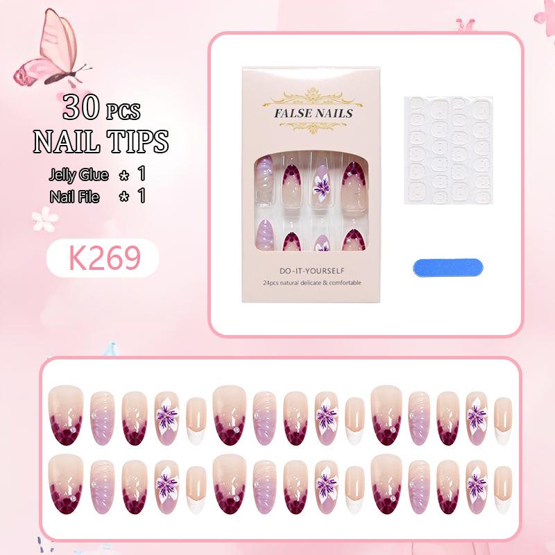 3D Stereo Floral Nail Art with Handmade Rhinestones - French Almond Purple Gradient Nail Tips