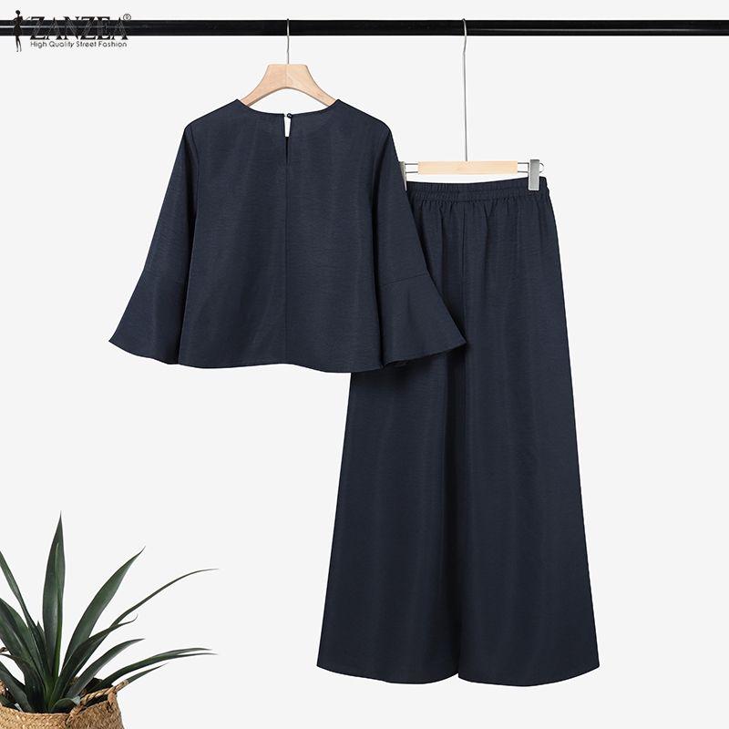 ZANZEA Set de costume casual din două piese pentru femei, cu bluză cu mânecă 3/4 și pantaloni cu picior larg