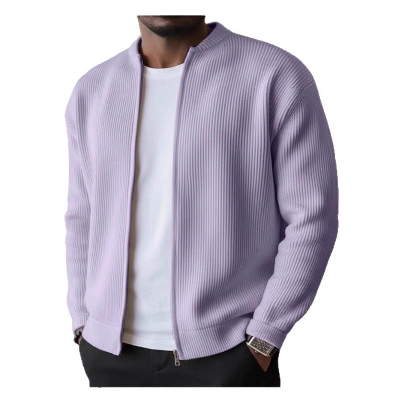 Men's Black Corduroy Casual Coat Full-Zip Stand Collar Long Sleeve Solid Color Versatile Jacket Daily Wear Outerwear