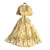 French Retro Coffee Break Floral V-neck Dress Women's Summer Elastic Waist Thin Ruffle Edge Big Swing Long Skirt