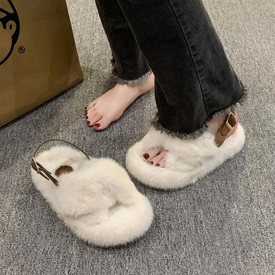 2024 Furry Damtofflor med Tjock Sula Rakt Spännbälte Öppen Tå Hår Varma Bomullstofflor Hemtofflor Kvinnor Vinter