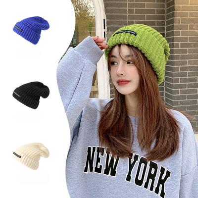 Korean Style Autumn and Winter Alphabet Cloth Label Wool Hat, Versatile Trendy Pullover Cold Hat, Thickened Warm Ear Protection Knitted Hat for Women