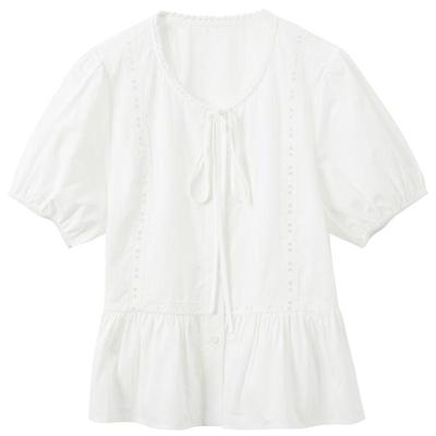 Sancai 2026 Été 100% Coton Col Rond Manches Bouffantes Cintrée à la Taille Chemise Blanche