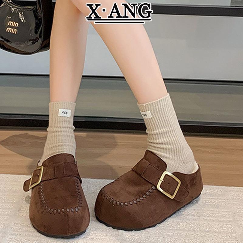 Cowhide Version Thick-soled Bag Head Half Slippers, Wear New Lamb Wool Shoes Cotton Slippers In Autumn and Winter